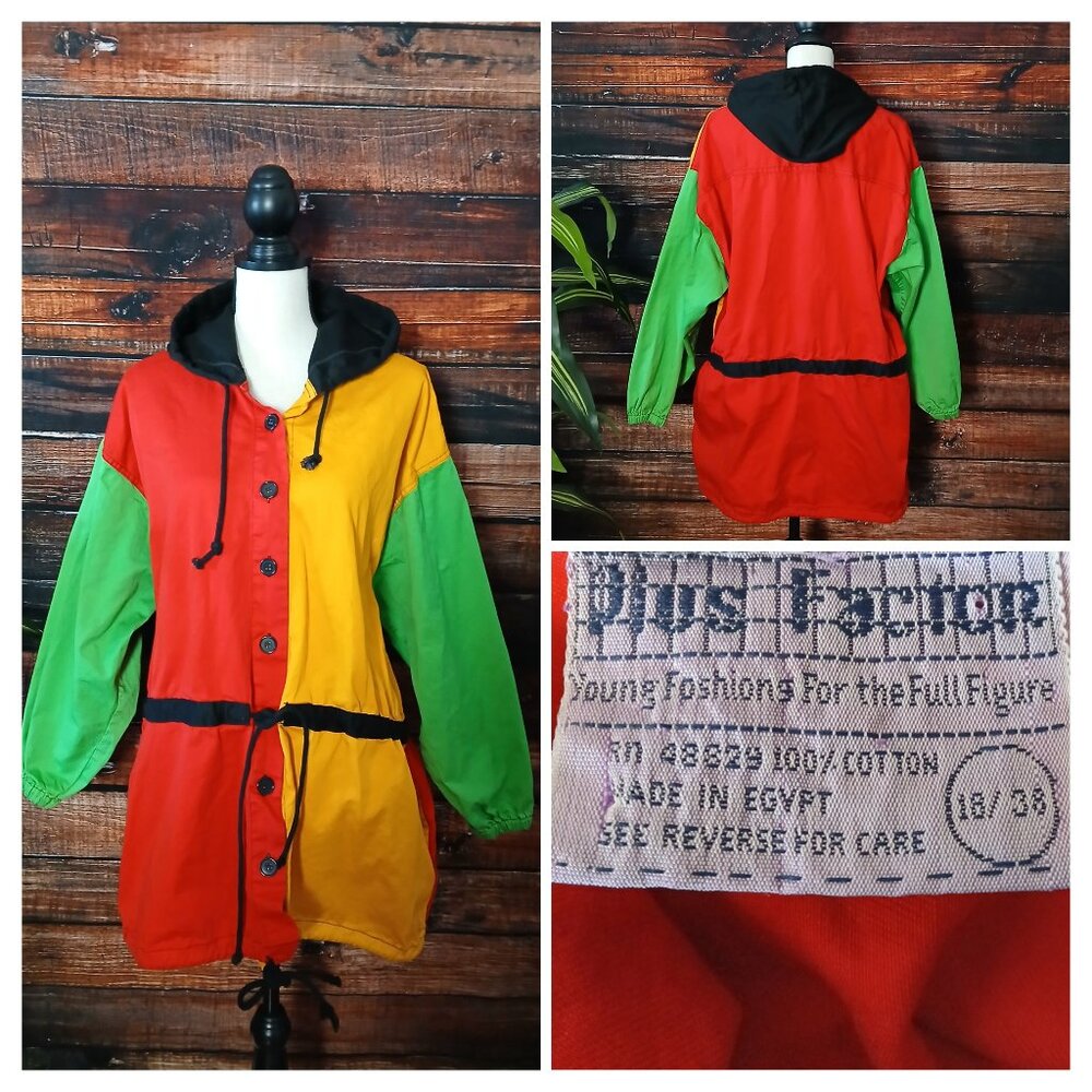 Plus Factor Jacket 18 Vintage 80s Color Block Hooded Cotton Button Front